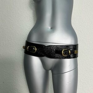 Sesame Black Embossed Croc Belt Black Patent Double Brass Buckle Brand New L